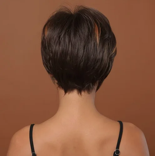 Perruques de cheveux synthétiques bruns pour femmes noires, coupe Pixie courte, perruques de cheveux naturels avec frange, fête, utilisation 03, degré de chaleur