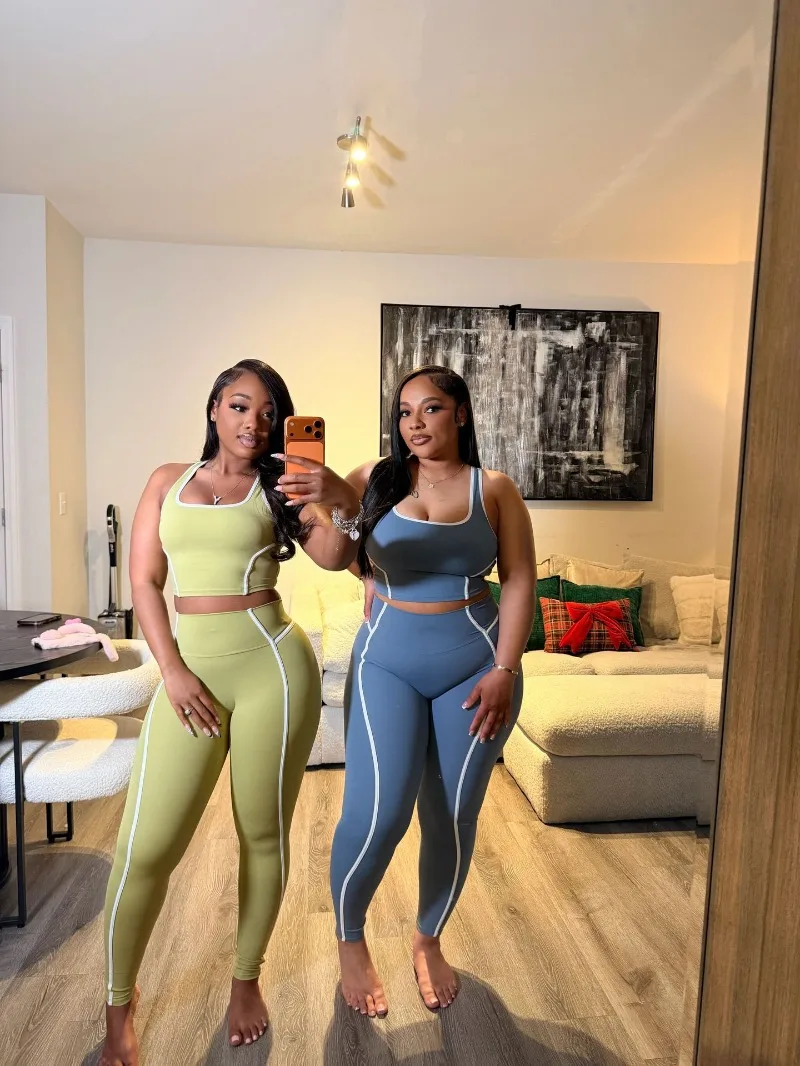 

GUWU Women Sports Suit Fast Drying Tank Top High Waisted Pencil Pants Tight Fitting Patchwork Casual Two Pieces Suit