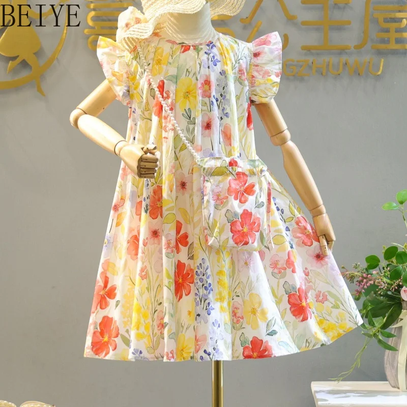 

Floral Print Kids Dress with Matching Crossbody Bag Girls Ruffle Sleeve Cotton Sundress Daily Flower A Line Dress for Summer