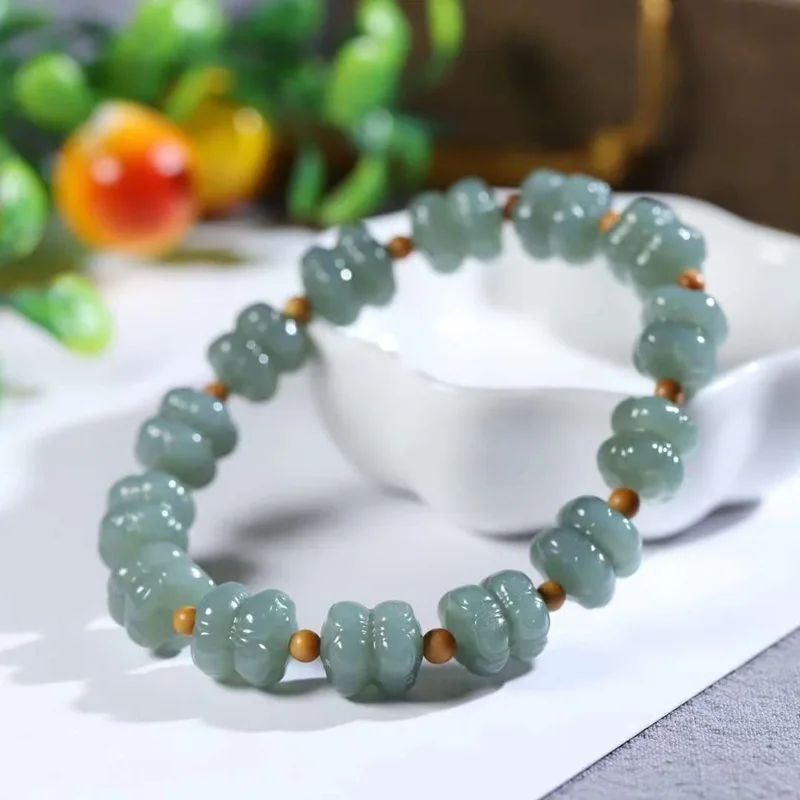 Natural Hetian Qie Mo Blue Old Material Green And White Jade Double Bracelet