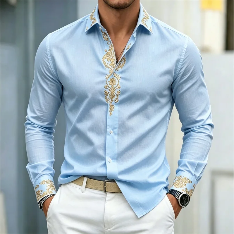 Men's Shirt Long Sleeve Golden Floral Embroidery Style Print Turn Down Collar Casual Streetwear Autumn Fashion Top Men Clothes