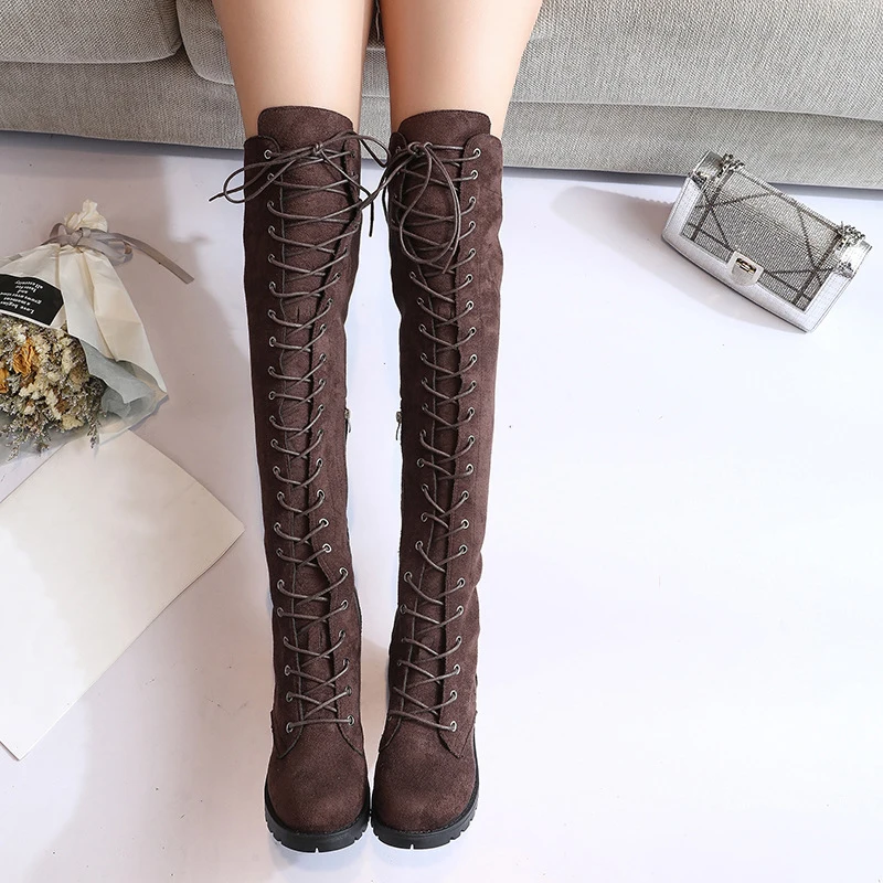 Women Shoes High Quality Cross-tied Over-the-knee High Boots 43 Size British Style Martin Boots Hot Sale Side Zipper Long Boots