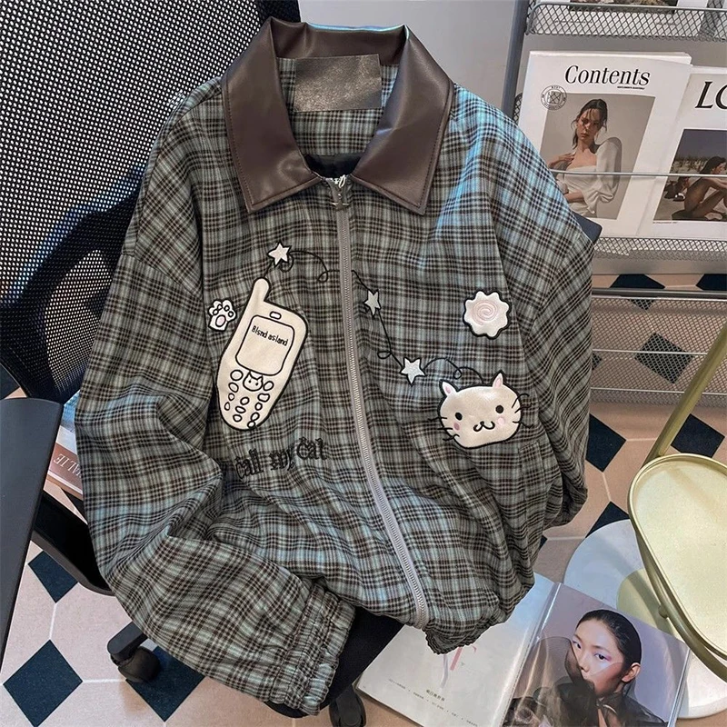 

American Sweet Plaid Patchwork Jacket Women Long Sleeve Spring Fall Zip Loose Coat Harajuku Y2K Casual Lazy Kawaii Street Top