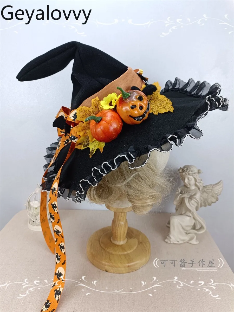 Zoete meisjes originele cosplay handgemaakte Halloween pompoenhoed zwarte heksenhoed Lolita tovenaar puntige zwarte hoeden voor vrouwen