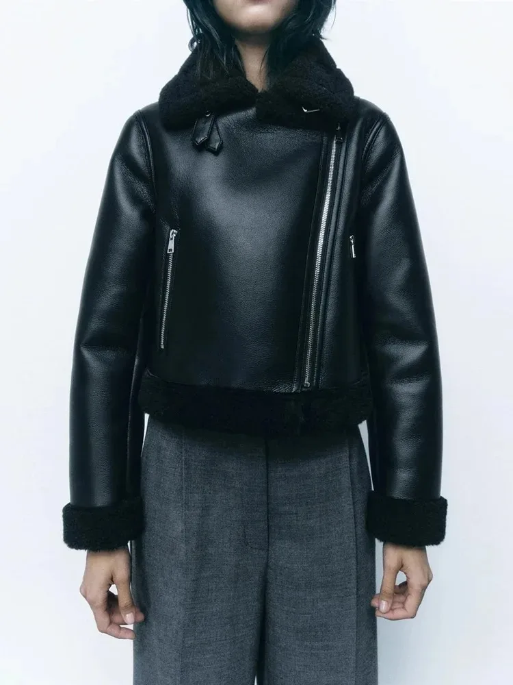 سترة طيار نسائية من الجلد الصناعي شتوية دافئة مبطنة بالفرو مع ياقة قصيرة وواسعة ومريحة للارتداء اليومي #6