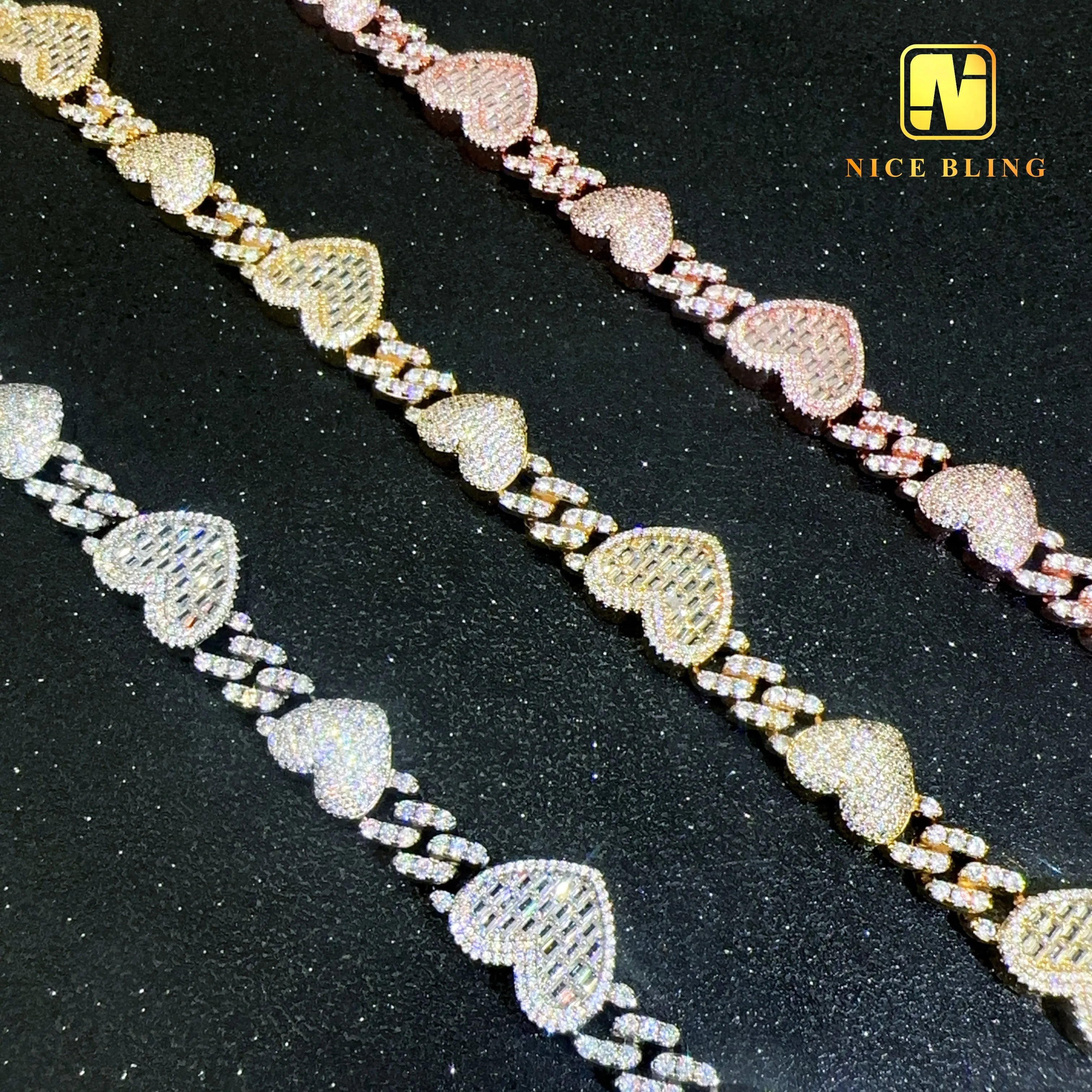Hop Hip Jewelry Necklace Baguette Cut Moissanite Diamond Cuban Link Chain 18k Gold Plated Heart Shape Brass Cuban Necklace Brace