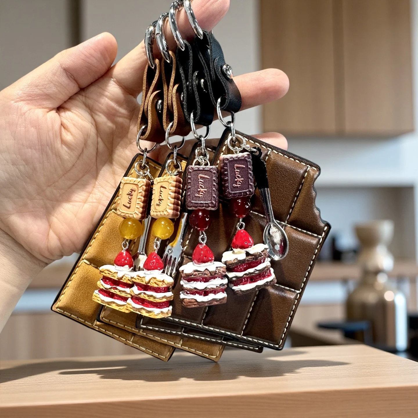Tasty Treats Keychain & Bag Charm Set-PU Leather Chocolate, Resin Mini Biscuit/Napoleon Cake-Realistic Food Accessory-Bag Decor