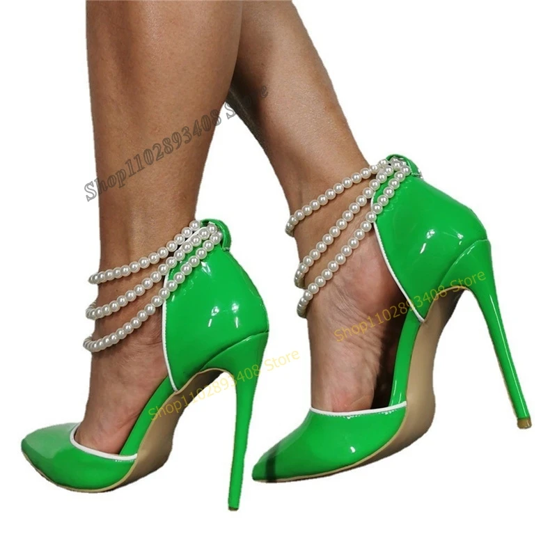 Green Color Pearl Chain Pumps Patent Leather Pointed Toe Stilettos High Heel Women Shoes 2023 Fashion Sexy Zapatos Para Mujere