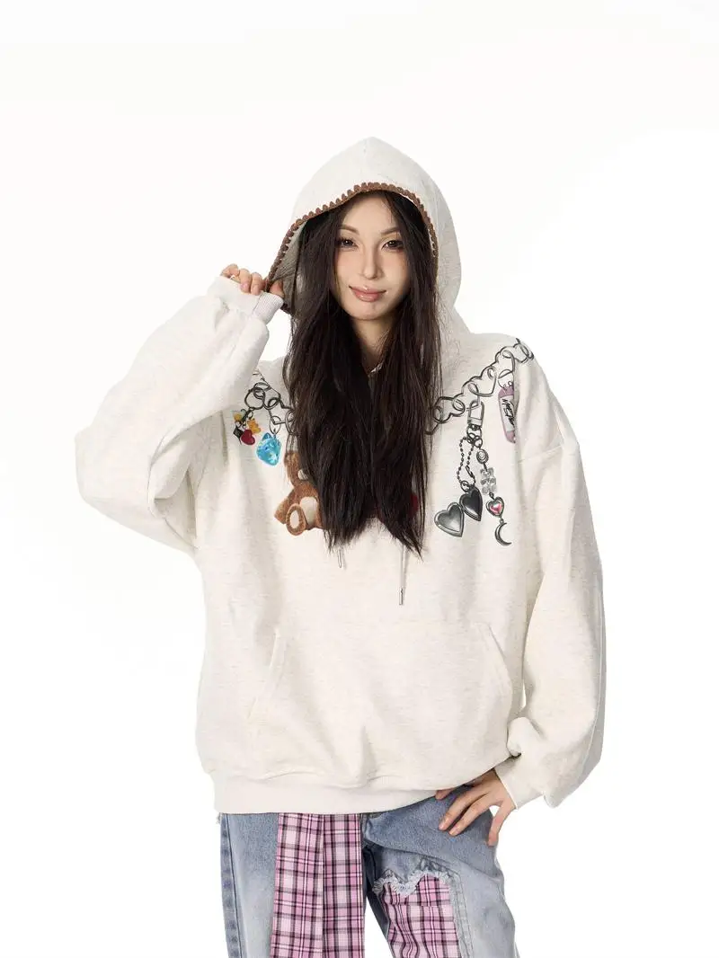 LISM women's winter clothes y2k hoodies sweatshirt 2025 Retro Bear Nelace Hoodie Women Loose Casual Versatile Overhead Top