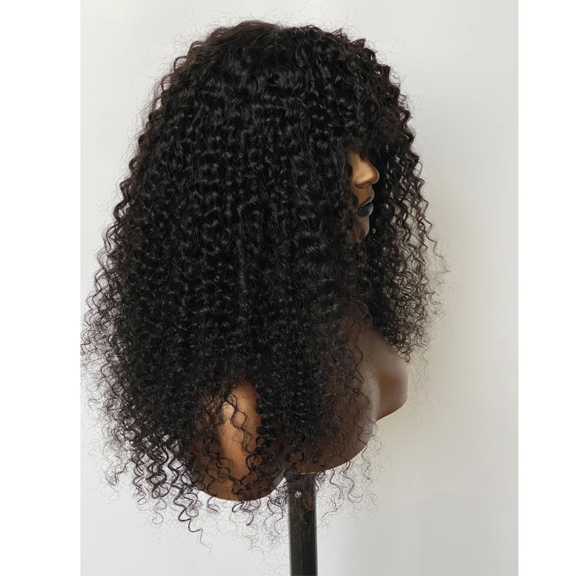 Natrual Black 180Density 26“ Long Soft Glueless Kinky Curly Machine Wig with Bangs For Women BabyHair Preplucked Heat Resistant