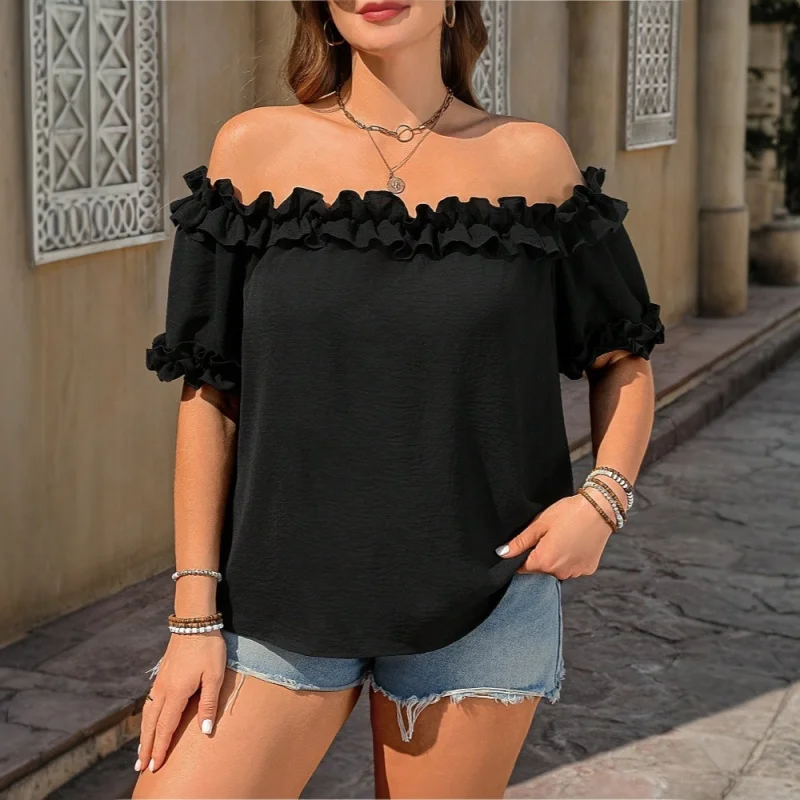 Женская одежда больших размеров, горячая распродажа, новая летняя футболка с открытыми плечами, топ-труба, топ с открытыми плечами и короткими рукавами с рюшами