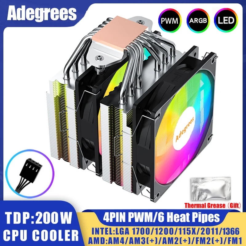 6 أنابيب الحرارة وحدة المعالجة المركزية برودة ARGB 4PIN PWM 200 واط 120 مللي متر تبريد الهواء برودة ل LGA 1700 1366 1151 1155 X79 X99 AMD AM4 AM5 Ventilador