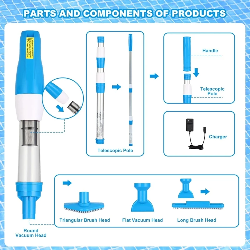 Aspirador de pó para piscina, sucção forte para spas, banheiras de hidromassagem, detritos de areia, piscinas, portátil, recarregável, sucção de cerdas, 3 bicos