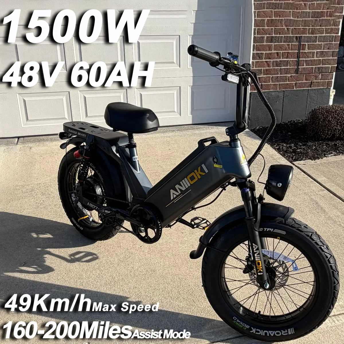 

Электровелосипед Aniioki Ebike aq177 pro max для взрослых, 1500 Вт пиковой мощности, 48В 60Ач, длительное время работы от батареи, скорость до 48 км/ч, широкие шины 20 дюймов.