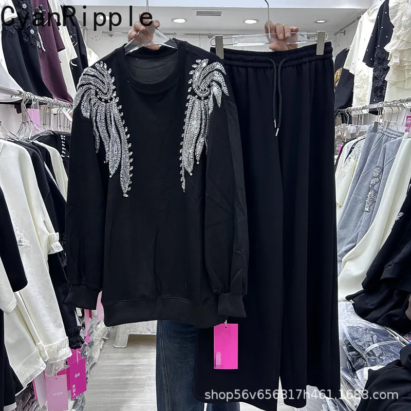 

New Spring Autumn Women Two-piece Set Diamonds Wings Loose Long Sleeve Hoodie Top + Elastic Waist Casual Wide Leg Pants Suits