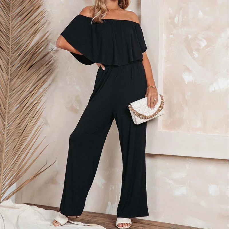 Women Sexy Off Shoulder Backless High Waist Elegant Party Wide Leg Jumpsuits Summer Holiday Fashion Short Sleeve Pockets Rompers