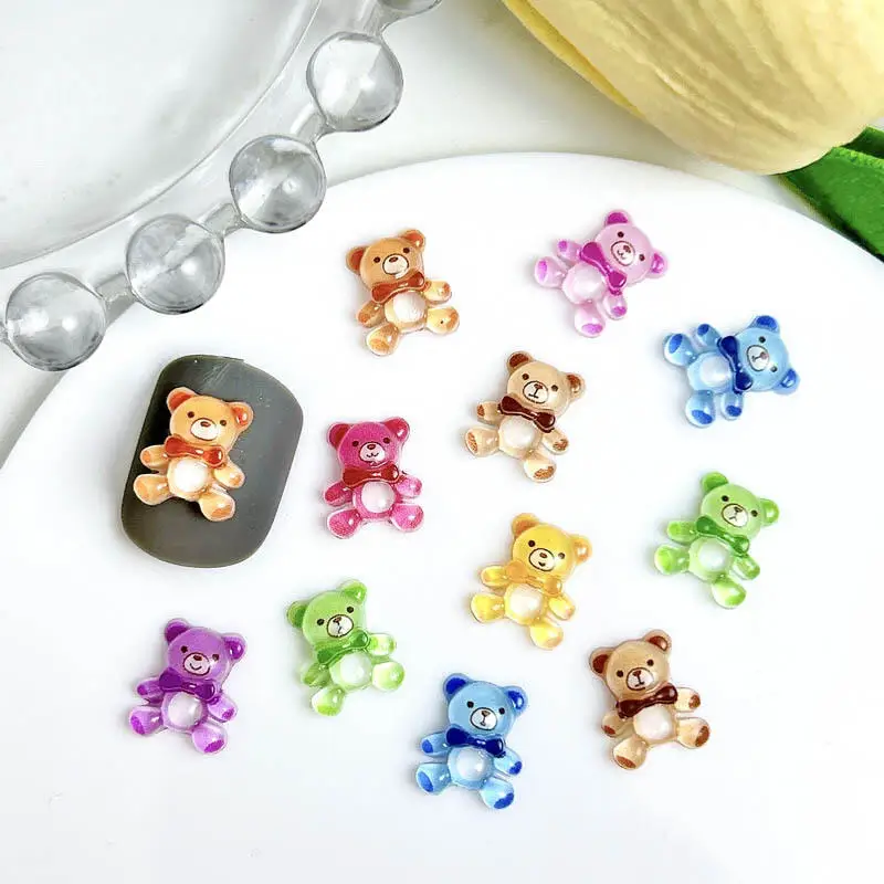 20PCS Translucent Colored Bears Nail Art Charms Cartoon Cute Bow Bears Resin Nail Decorations for Manicure DIY Crafts Supplies
