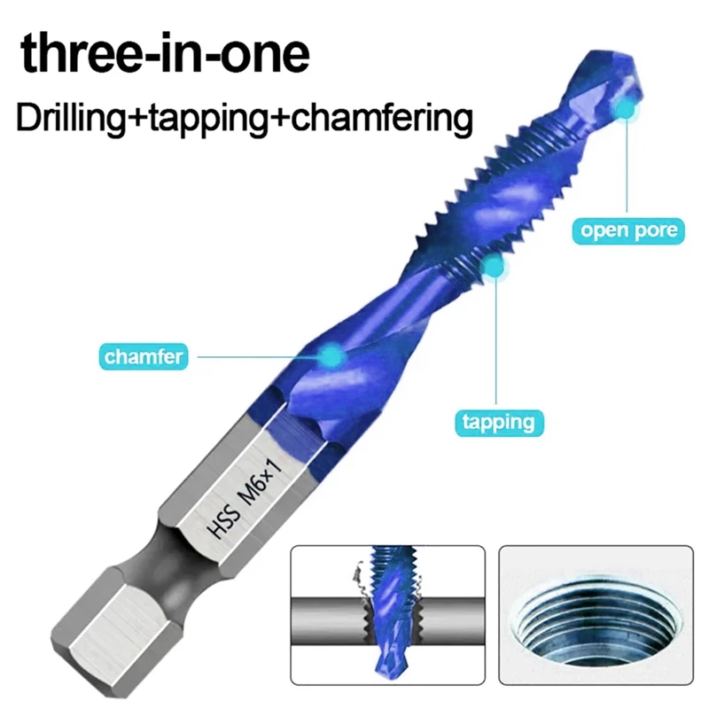 6Pcs High Speed Steel 4341 Titanium Plated Composite Tap Drill And Tap Integrated Machine Tap M3 M4 M5 M6 M8 M10