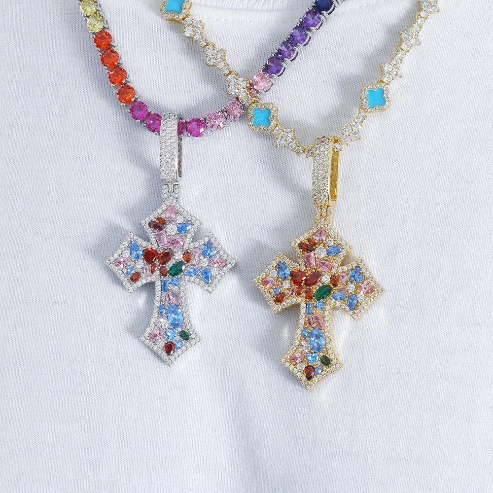 Hip hop Pop Pendant Necklace Colored Diamond Cross Cuban Rope Chain Solid Brass Gold Plated Silver Plated Jewelry
