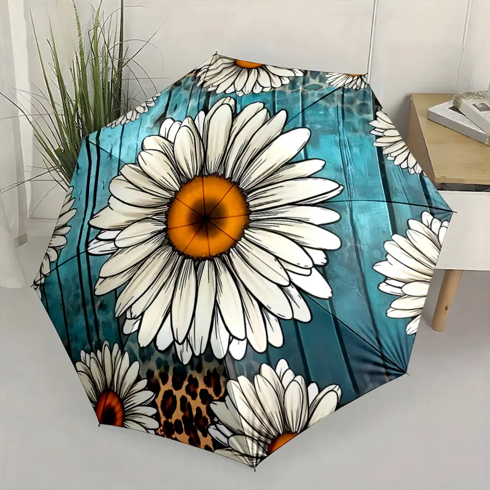 1PC Bright Daisy Pattern Umbrella with Blue Background Print 8 Iron Ribs Folding Umbrella Auto-Open Fashion Sunshade
