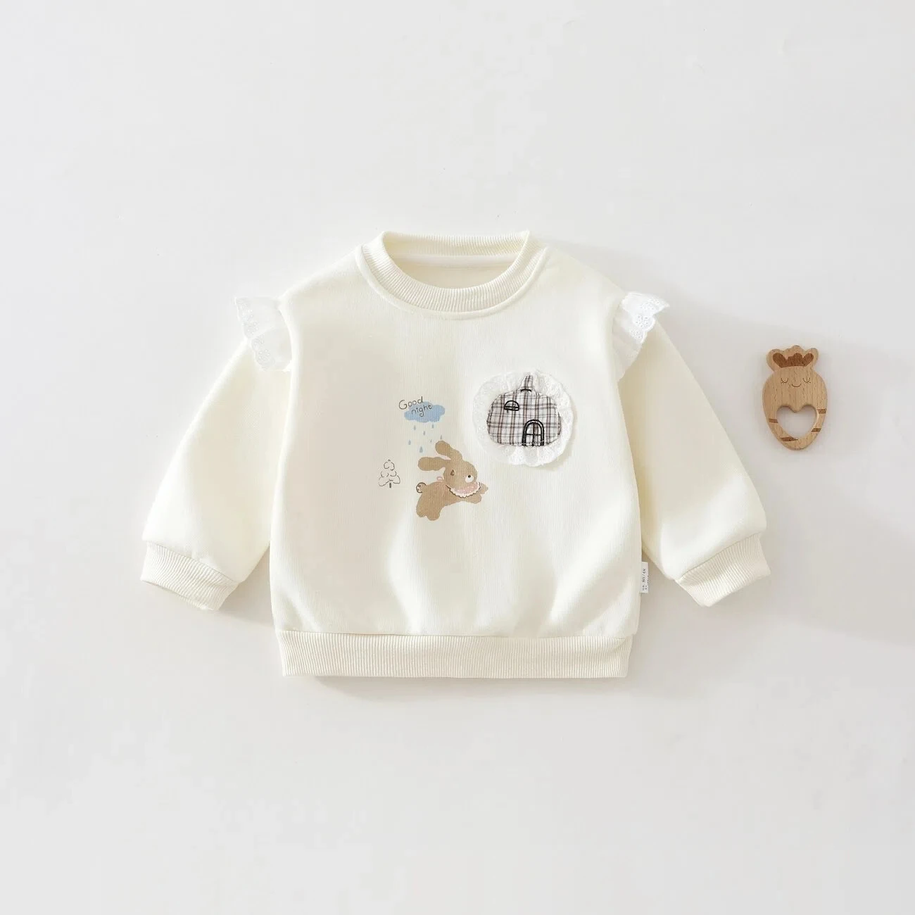 Baby Girl Spring and Autumn Round Neck Sweatshirt, Class a Infant and Toddler Cute Bunny Lace Trim Pullover Long-Sleeve Top