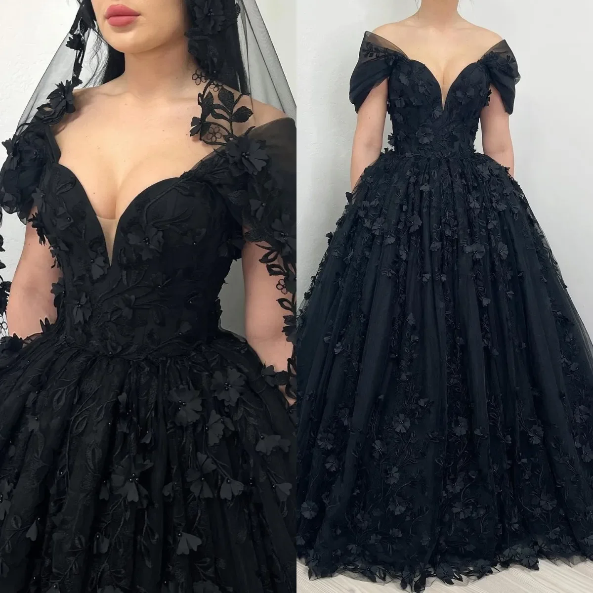 Precioso vestido de novia negro con cuello en V, traje Sexy con hombros descubiertos, apliques 3d, tren de barrido de encaje, novedad de 2024