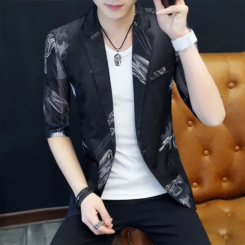 

Летний тонкий мужской костюм-семерка с цветочным узором, ажурный, в корейском стиле, для бизнеса и повседневной носки, модный