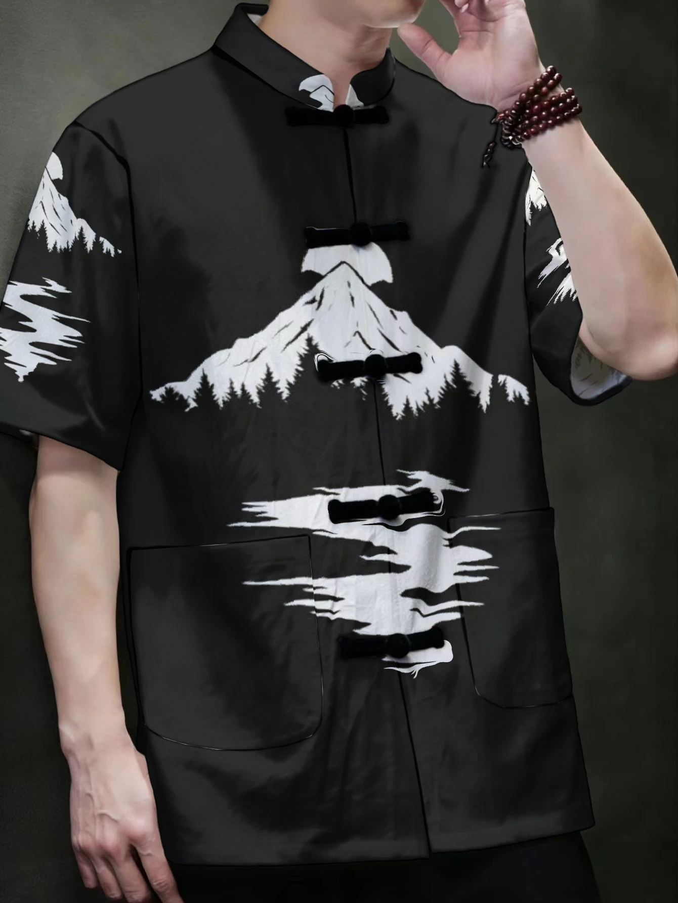 Mens Stand Collar Tang Top Mountain Landscape Print Frog Button Lightweight Blouse