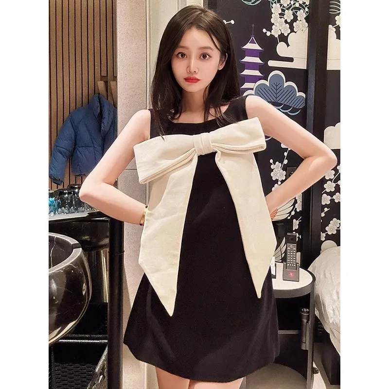 Small Fragrant Sleeveless A-line Dress With Big Bow Summer Women\'s Luxury Mini Dresses Trendy Temperament Evening Dress Elegant