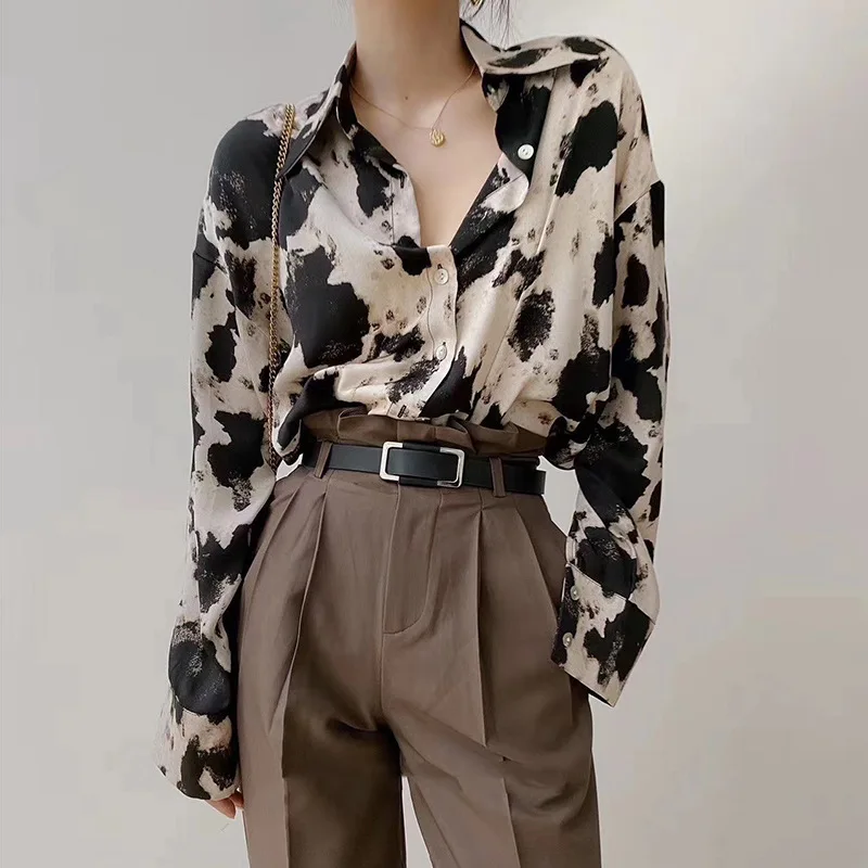 Spring Autumn New  Women's Ink Print Lapel V Neck Button Down Long Sleeve Loose Casual Satin Blouse Trendy Versatile Daily Shirt