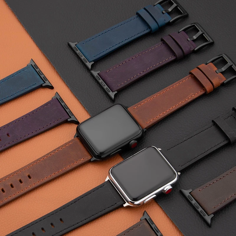 Leather Strap For Apple Watch Band 49mm 44 45 42mm 40 46 38 41mm Crazy Horse Style Bracelet IWatch Ultra Series 10 9 8 7 SE 6 5