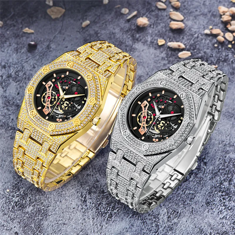 Relojes de marca grande para hombre, Hip Hop, esqueleto dorado, moda informal, banda de aleación, reloj de cuarzo con fecha de diamante, relojes de marca de lujo