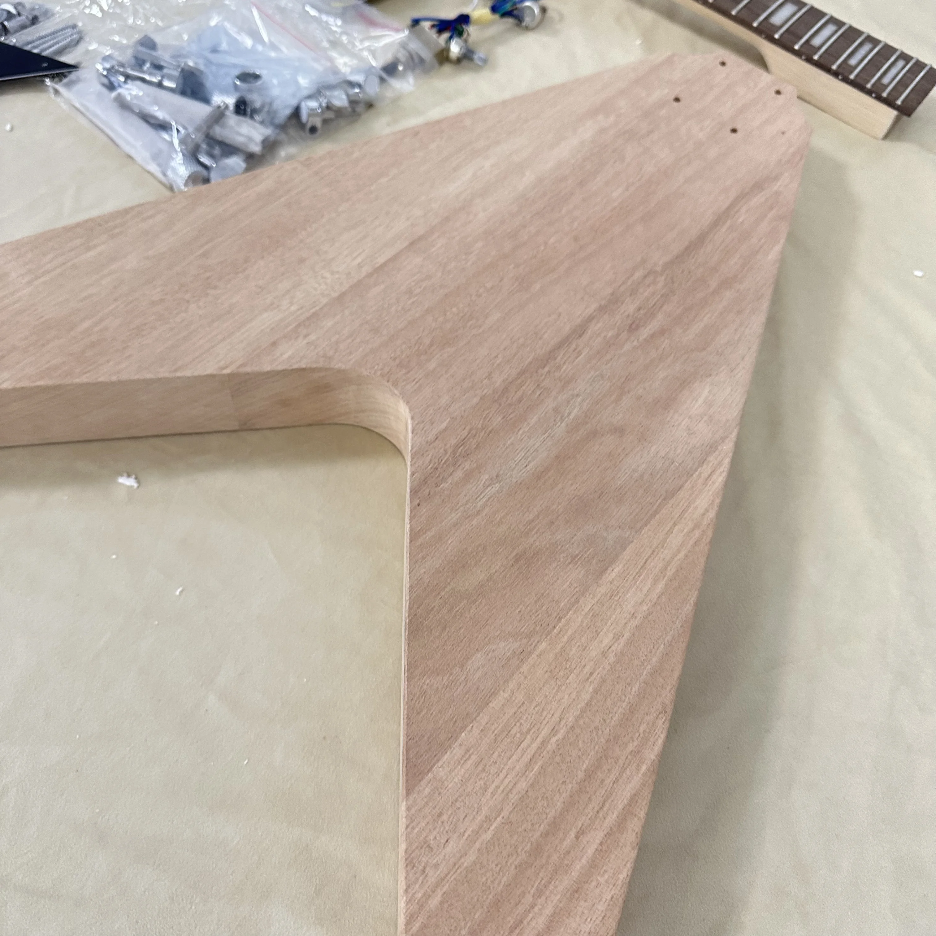 Unfinished Flying V‑Style DIY Electric Guitar Kit HH Humbuckers Black Pickguard Block Inlay All Hardware Included