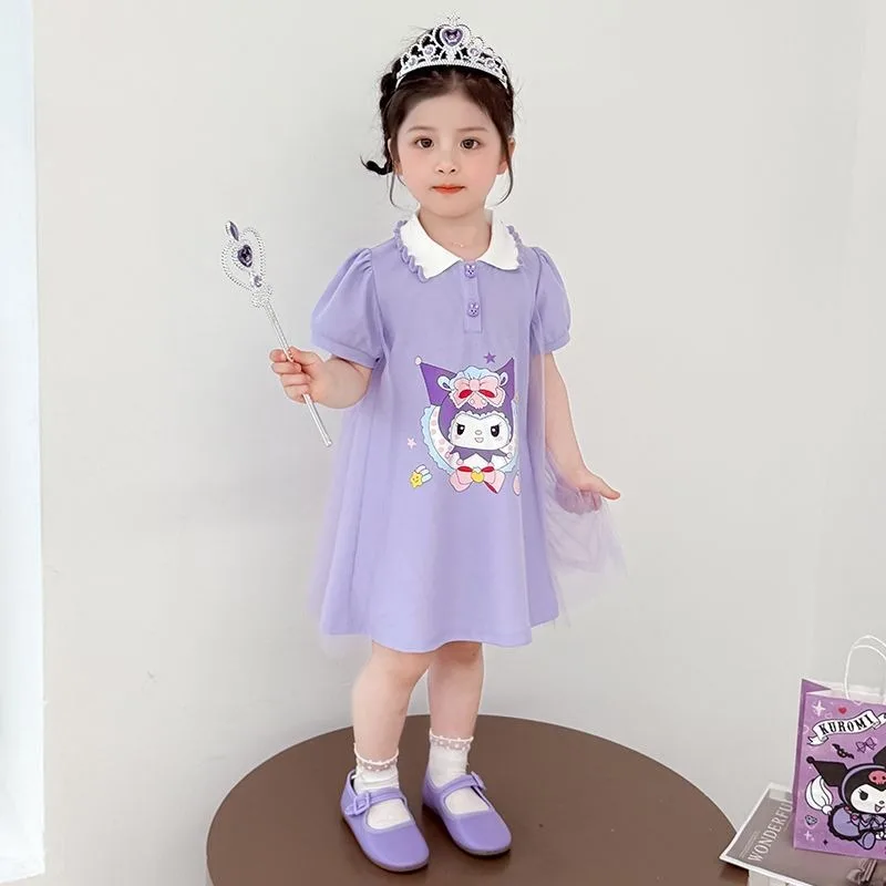 

Sweet Kuromi Anime Kawaii Sanrio Children Short Sleeve Dress Clothes 2025 New Cute Summer Princess Baby Skirt Gifts for Kids
