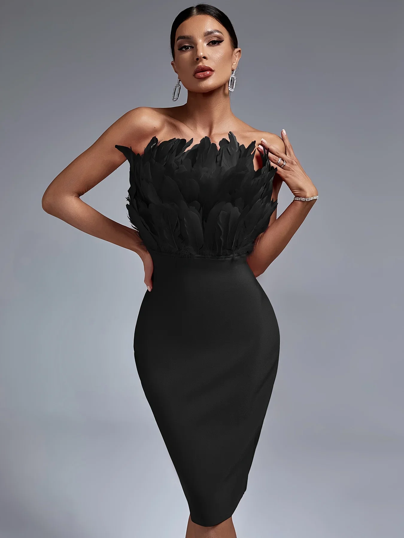 Black Bandage Dress Women Feather Party Dress Bodycon Elegant Midi Sexy Strapless Evening Birthday Club Outfits Summer 2023