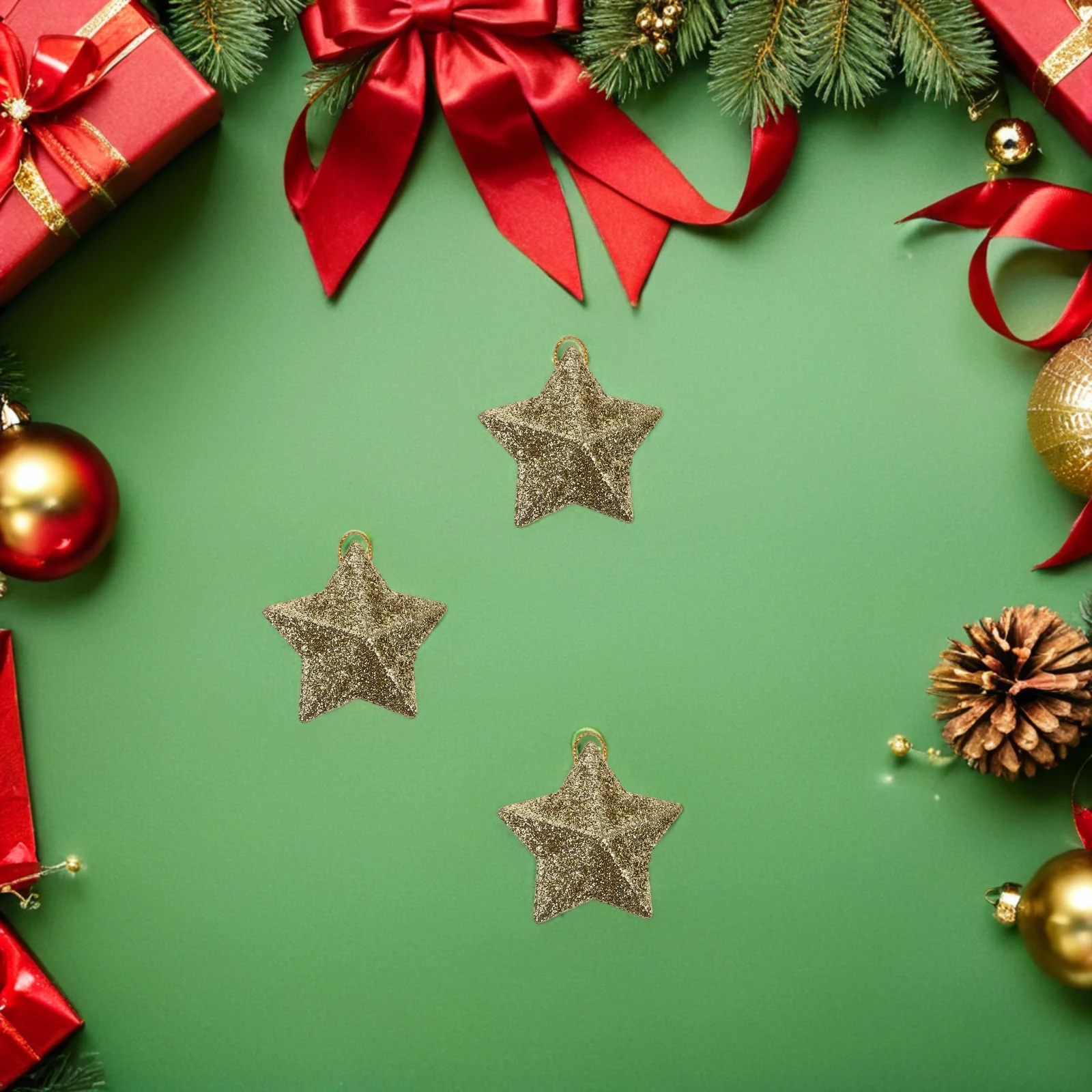 

60Pcs Christmas Glitter Star Hanging Ornaments Gold 3D Five Pointed Star Decorative Xmas Tree Decorations Party Scene Layout