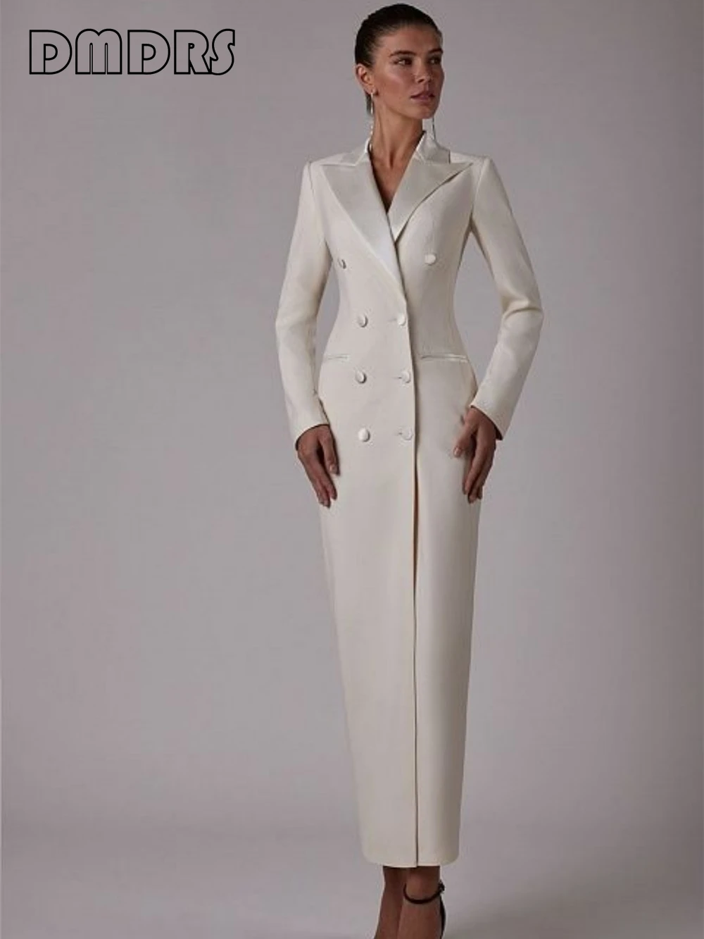 Notched Silky Satin Collar Women Tuxedo Dress Long Suit Coat Sheath Long Sleeves Blazer Double Breasted Women's Suits