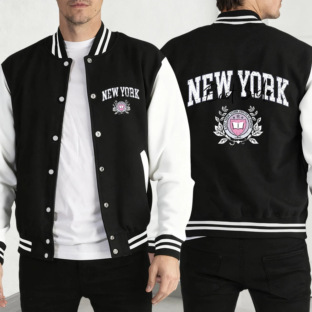 

New York East Side Print Men Clothes Fashion Pocket Jacket Autumn Warm Clothing Casual Loose Fleece Unisex Vintage Jackets