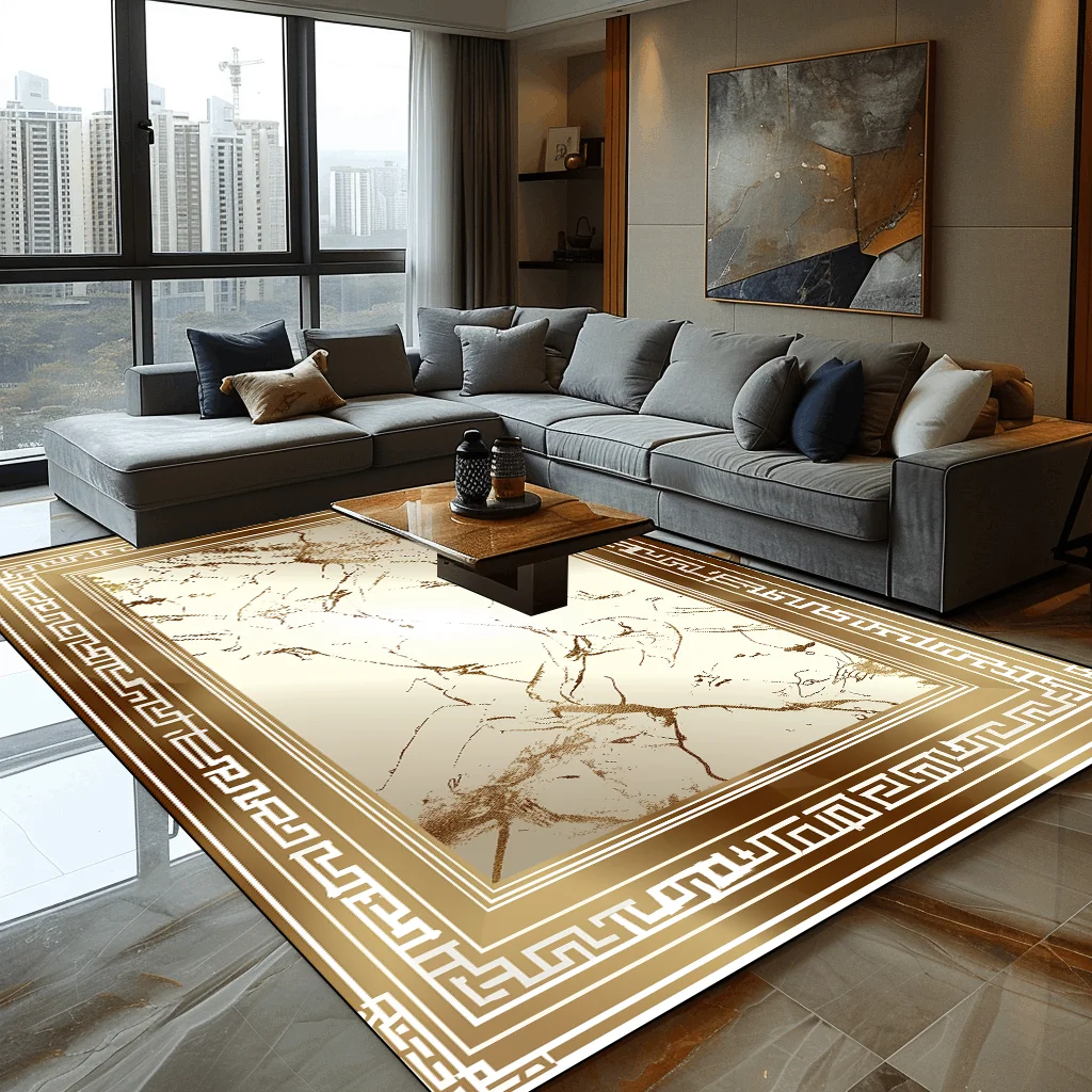 European Style Golden Decorative Rug for Living Room Luxury Marble Coffee Tables Mat Large Area Non-slip Washable Bedroom Carpet