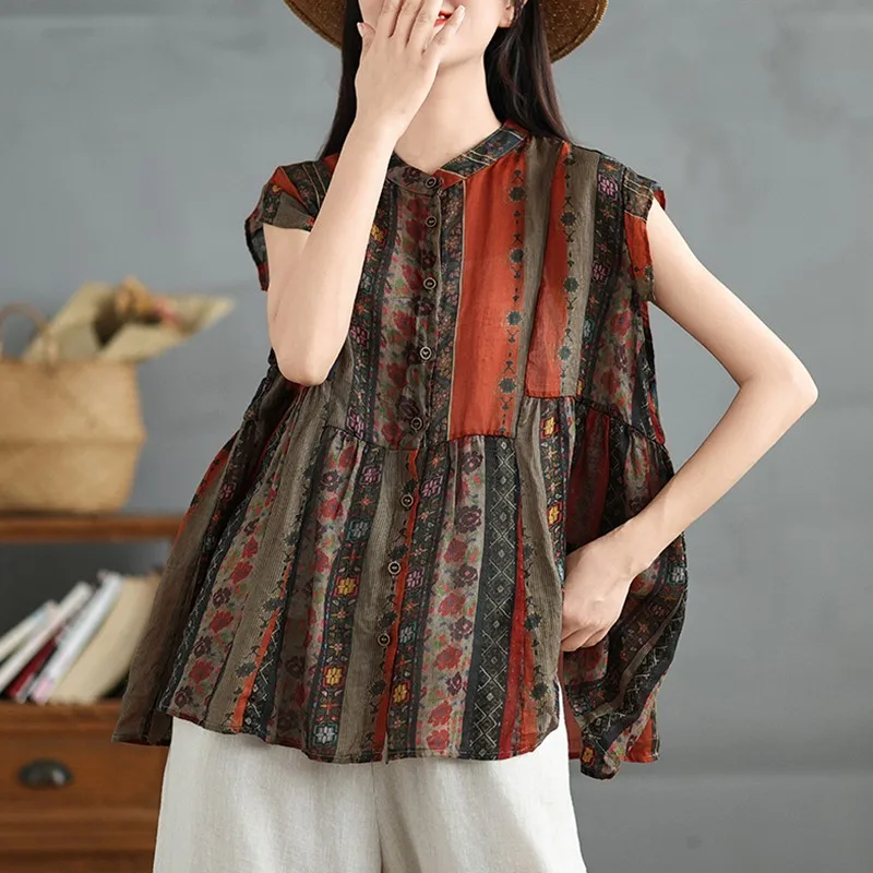 

Women Summer Casual Shirt New Arrival 2024 Chinese Style Vintage Floral Print Loose Female Sleeveless Tops Shirts B3895