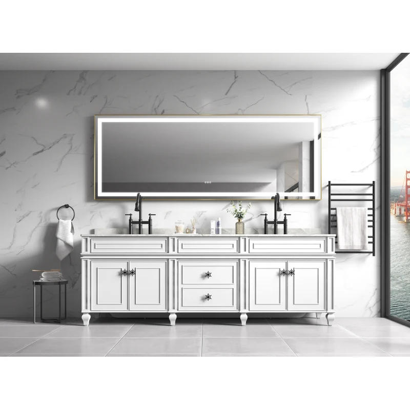 

Светодиодное зеркало для ванной комнаты 118 x 36 дюймов с алюминиевой рамой, настенное косметическое зеркало, противотуманное, с памятью, 3 цвета, бесступенчатая регулировка яркости