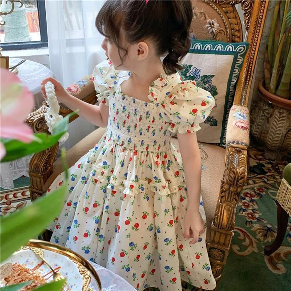 Sweet Flower Girls Princess Dress Summer Puff Sleeve Floral Girl Casual Dresses New Korean Fashion Children\'s Clothing Vestidos