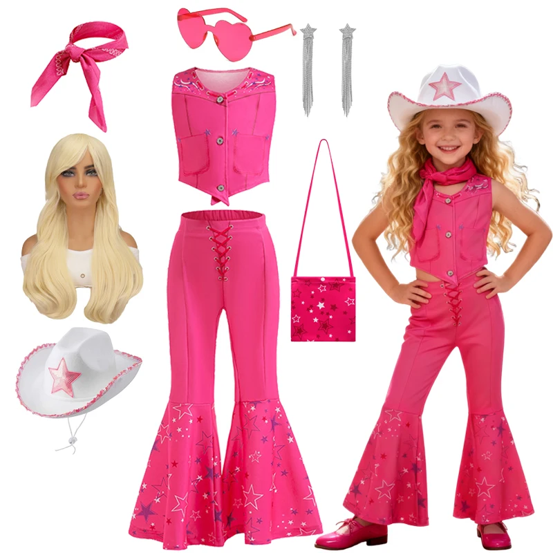 Strój Margot dla niemowląt, różowa kamizelka i spodnie z rozszerzanymi nogawkami, szalik, przebranie na Halloween, urodziny, karnawał dla dzieci.