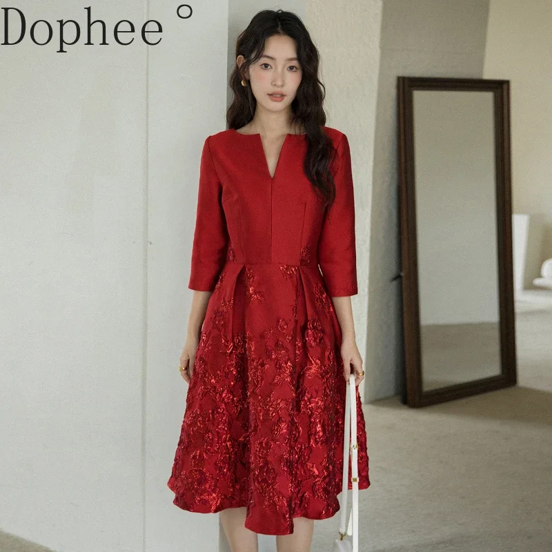 Red Wedding Dress Female 2025 New Spring Luxury Jacquard Elegant V-neck 3/4 Sleeve High Waist Mid-long Women A-line Dress Party