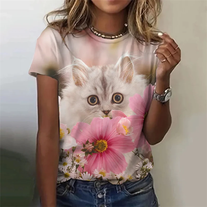 Women Crew Neck Short Sleeve T-shirt Blue Background Cool Sunglasses Cat 3D Print Casual Funny Streetwear Summer Tee