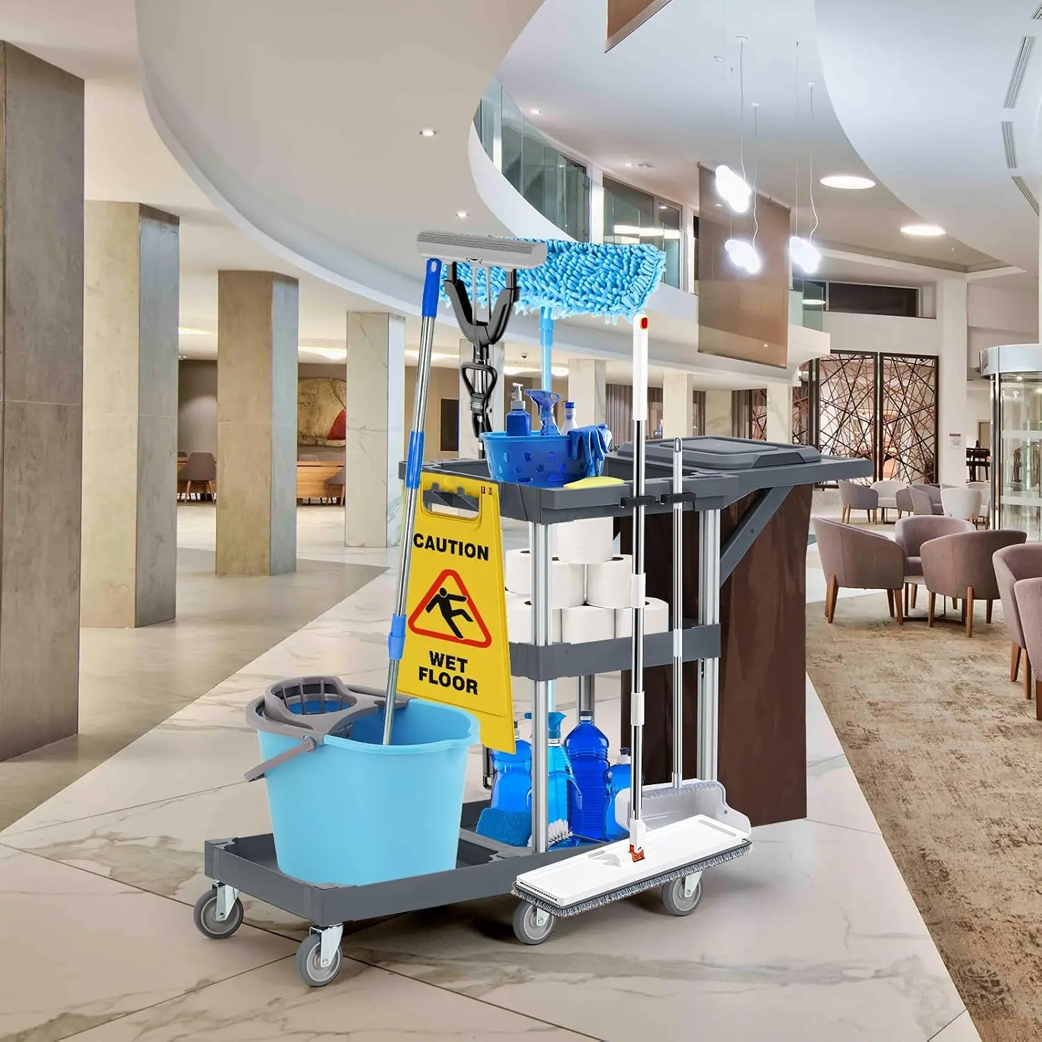 Commercial Rolling Housekeeping Cart with Wheels 3-Tier Janitor Cart Includes Vinyl Bag and Cover 300 Lb Load Capacity Mobile