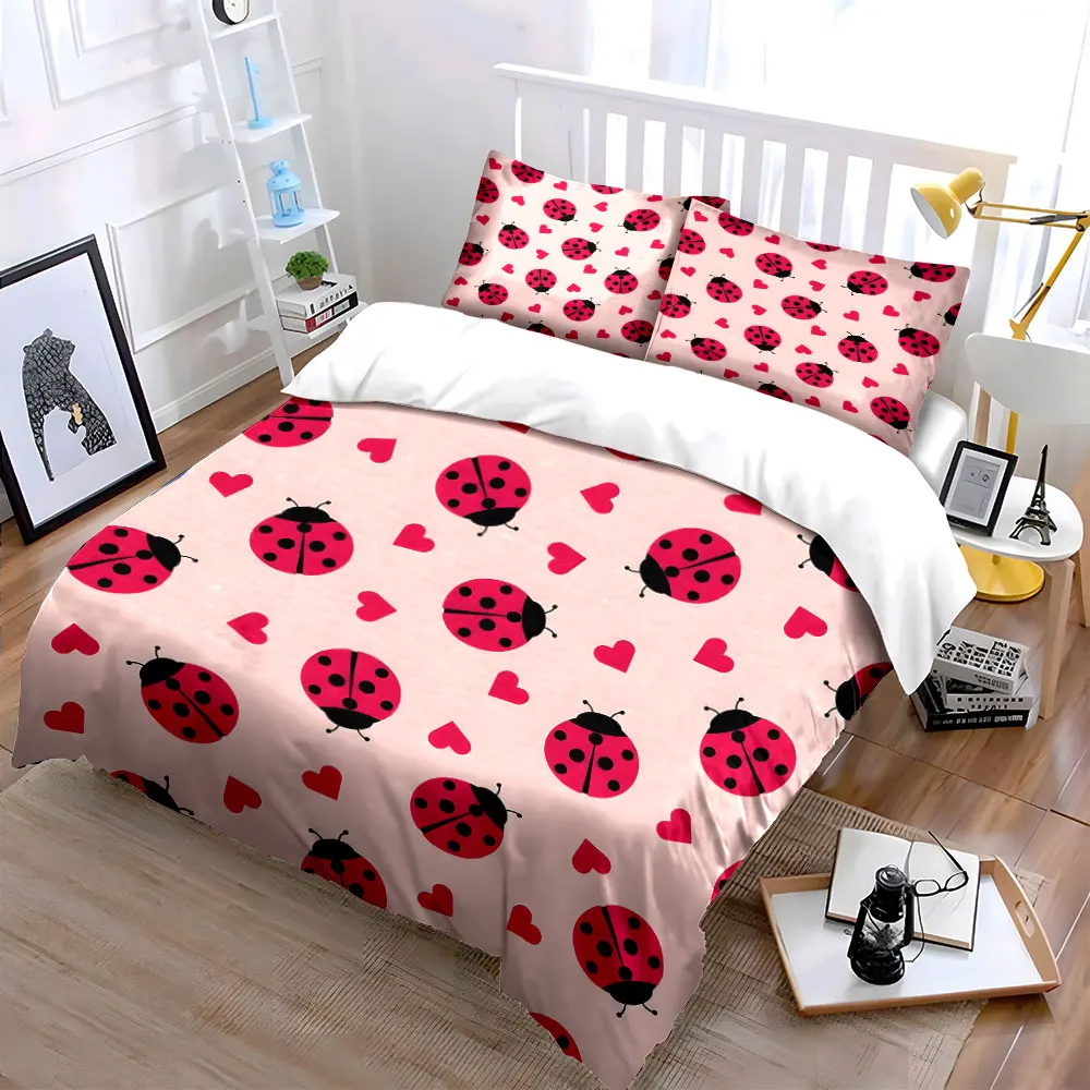 Pink pattern with ladybugs and hearts Pattern Duvet Cover Set Digital Print Colorful Polyester Bedding with Zipper Closur
