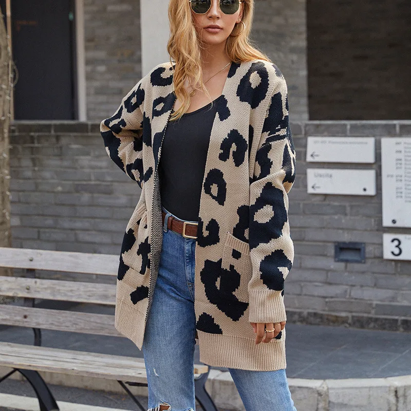 Long Style Leopard Knitted Cardigans Women V-Neck Loose Casual Sweaters 5 Colors Fashion Autumn Winter Warm Knitted Coats Tops