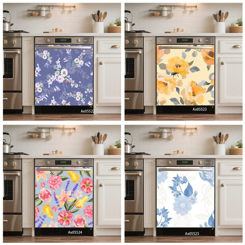 Bright Watercolor Tropical Floral Dishwasher Door Sticker Self Adhesive Spring Botanical Cottage Cabinet Washer Decor Wallpaper