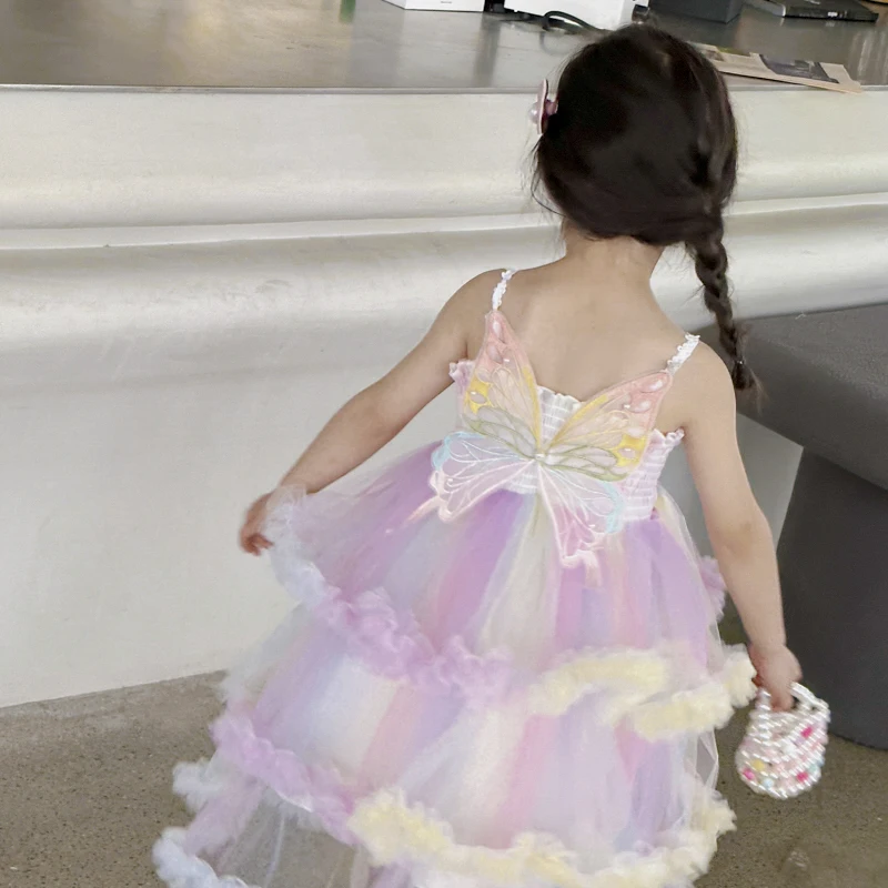 Baby Girls Clothes Princess Dresses Girl\'s Rainbow Yarn Dress Lace Ruffle Butterfly Fairy Dress Children toddler Girl Long Dress